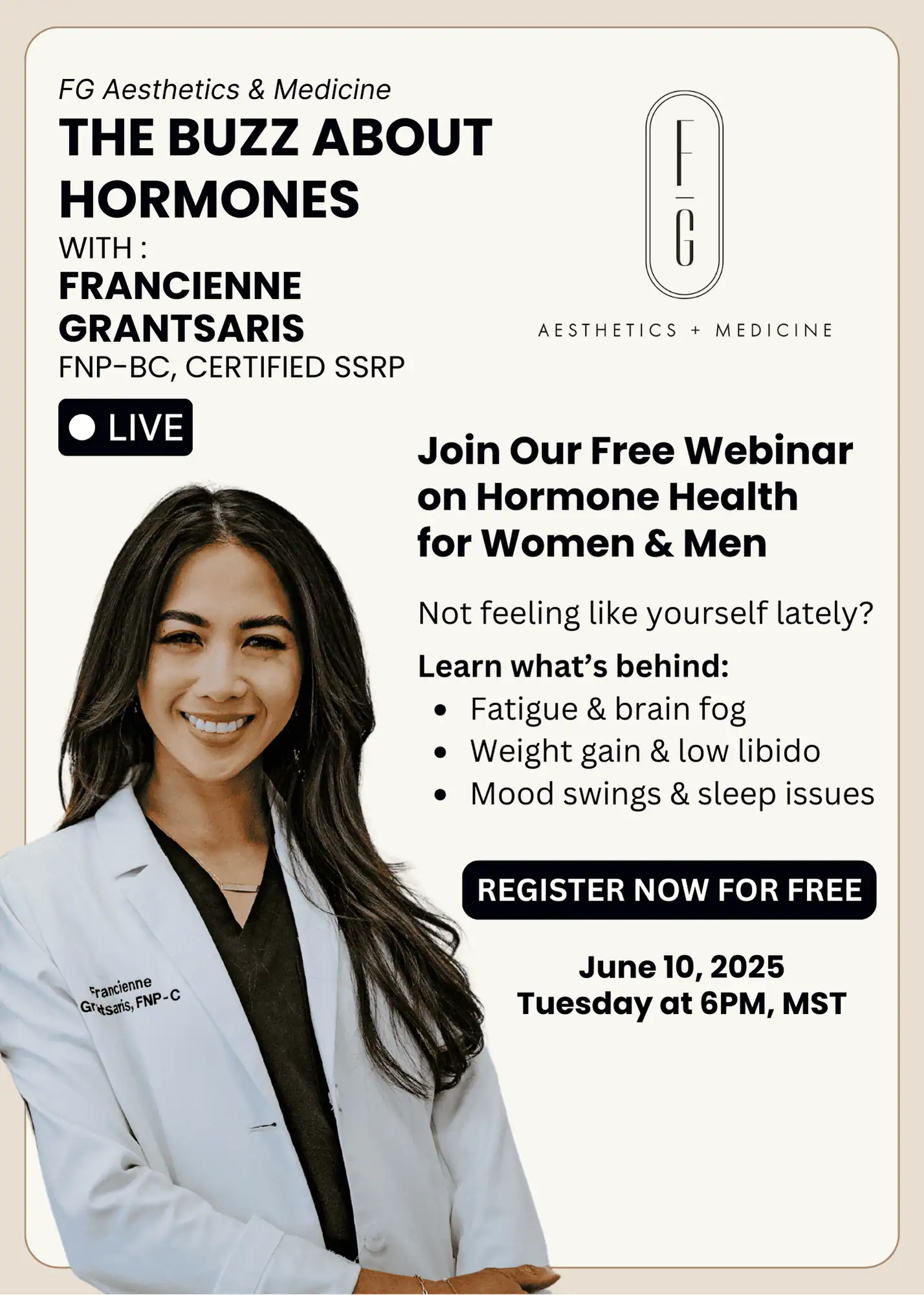 Young female doctor smiling in white coat, promoting free hormone health webinar.