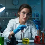 Female scientist examines a vial in a blue-toned lab with colorful glassware for Advanced Health Screening in Missoula, MT.