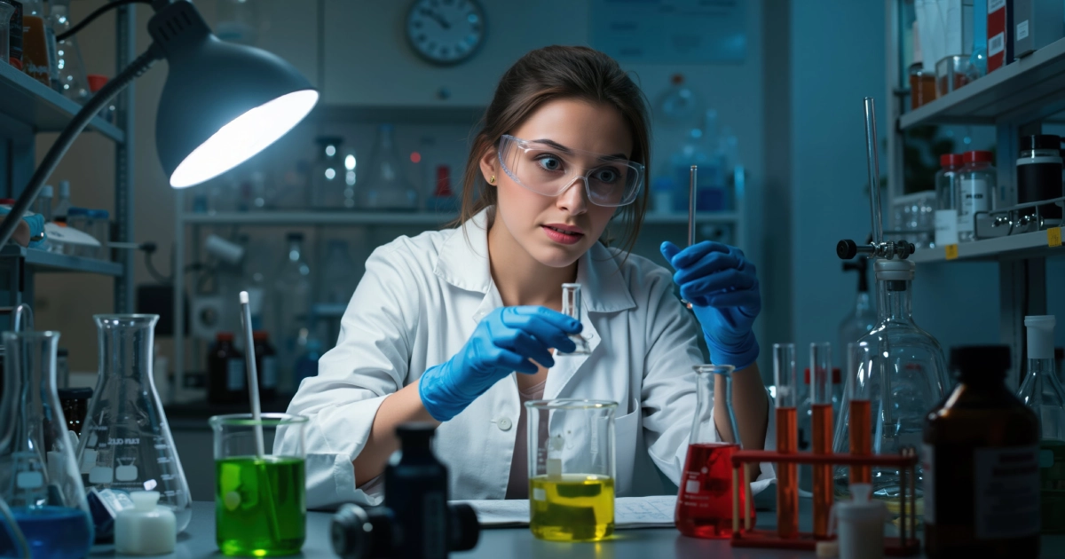 Female scientist examines a vial in a blue-toned lab with colorful glassware for Advanced Health Screening in Missoula, MT.